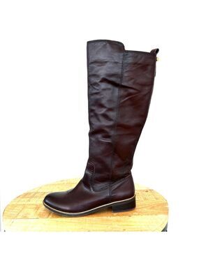 Aldo Elegant Brown Leather Knee-High Boots, Dark Brown with Gold Trim
